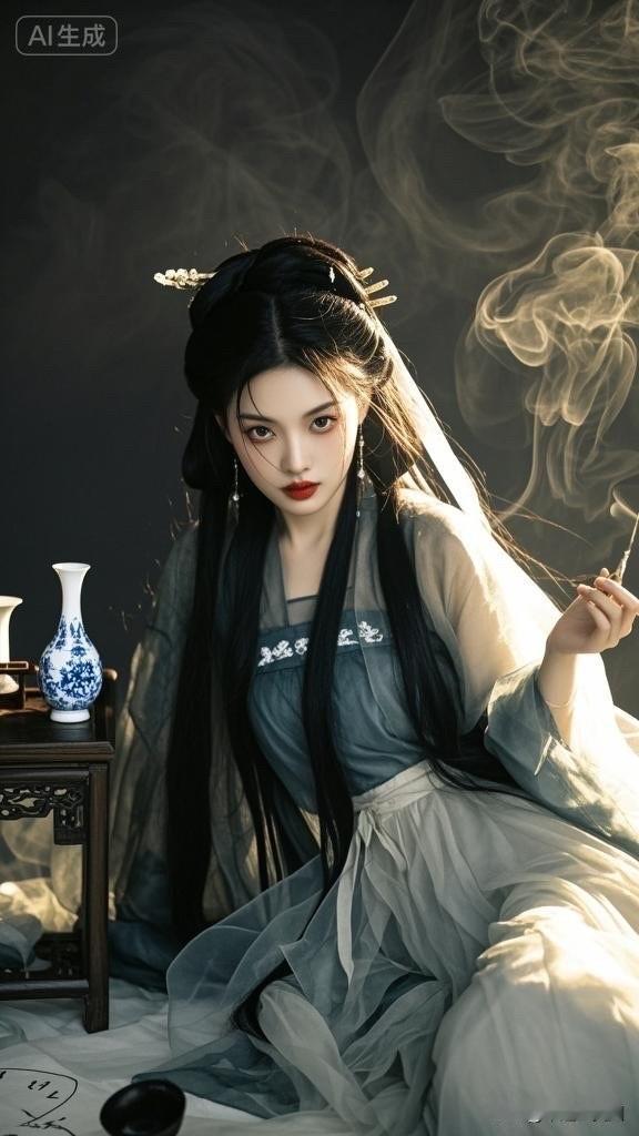 古风美人手持画笔，沉静如水，韵味十足。