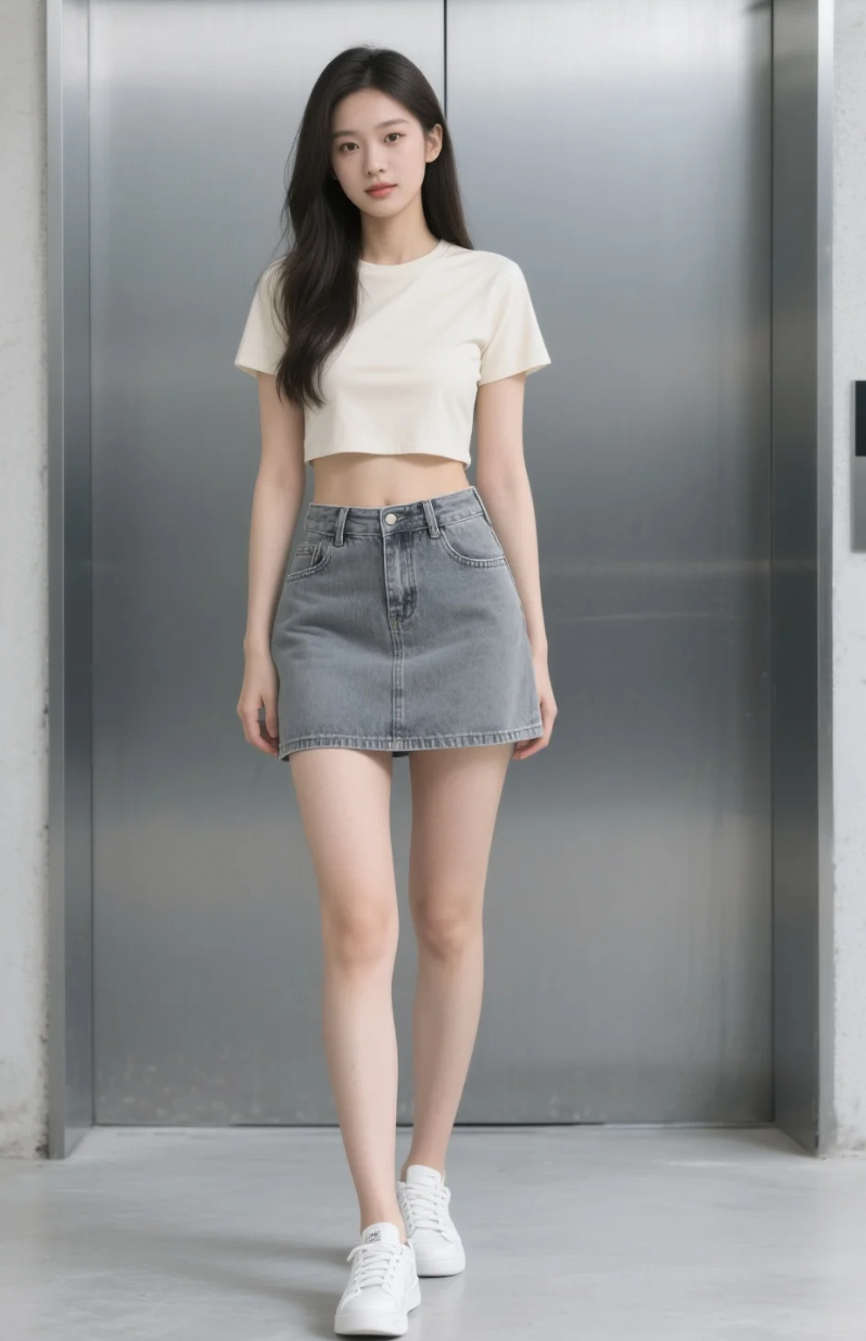 她站在电梯前，像从校园剧里走出来的女主角
