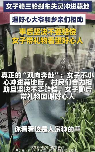 破防了！河南安阳，女子骑三轮车去接孩子放学，突然刹车失灵，冲进一片蒜地。她恐慌之