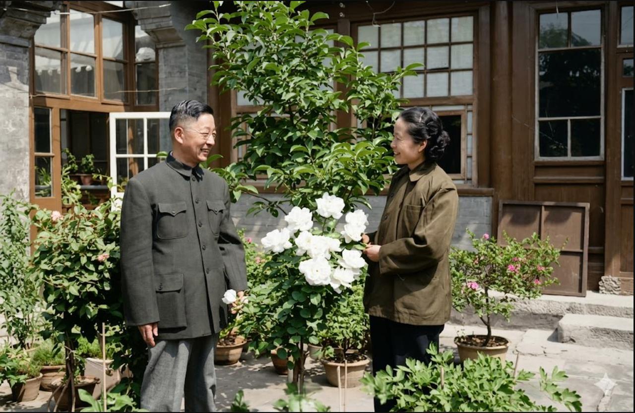1954年5月，北京丰富胡同19号的丹柿小院，春日花开，老舍与夫人胡絜青站在盛放