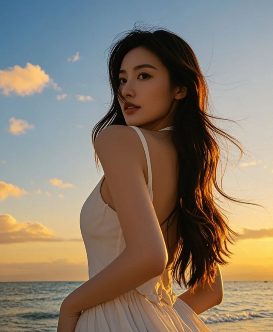 明艳唇色，如落日熔金，点燃了海岸的黄昏