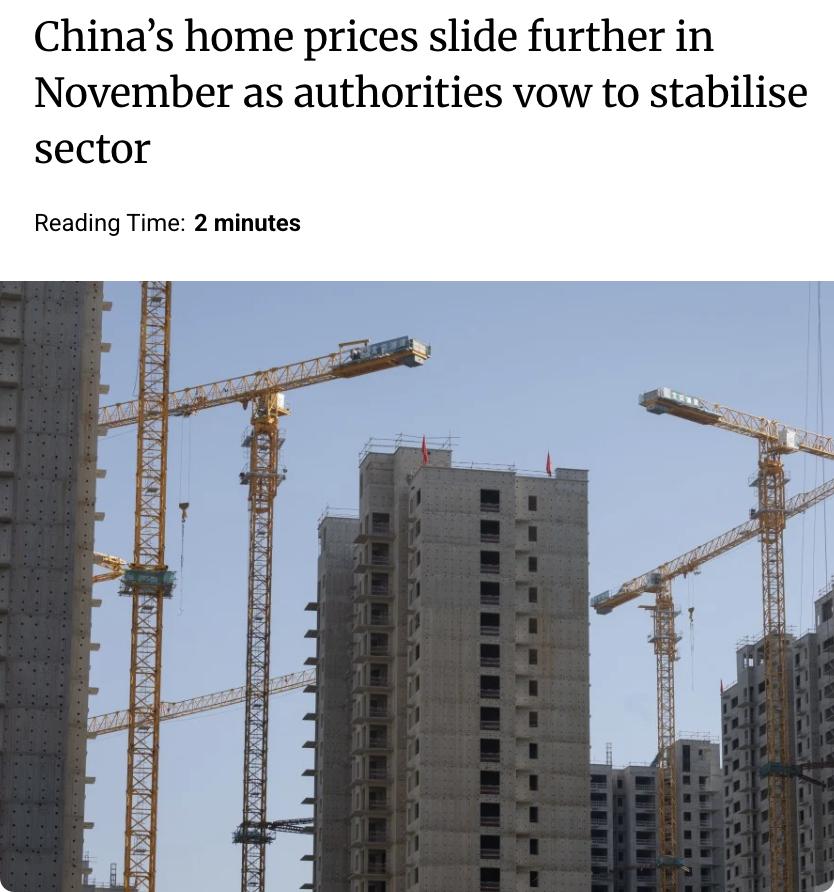 外媒：中国国家统计局数据显示，11月全国70个大中城市新建商品住宅价格环比平均下