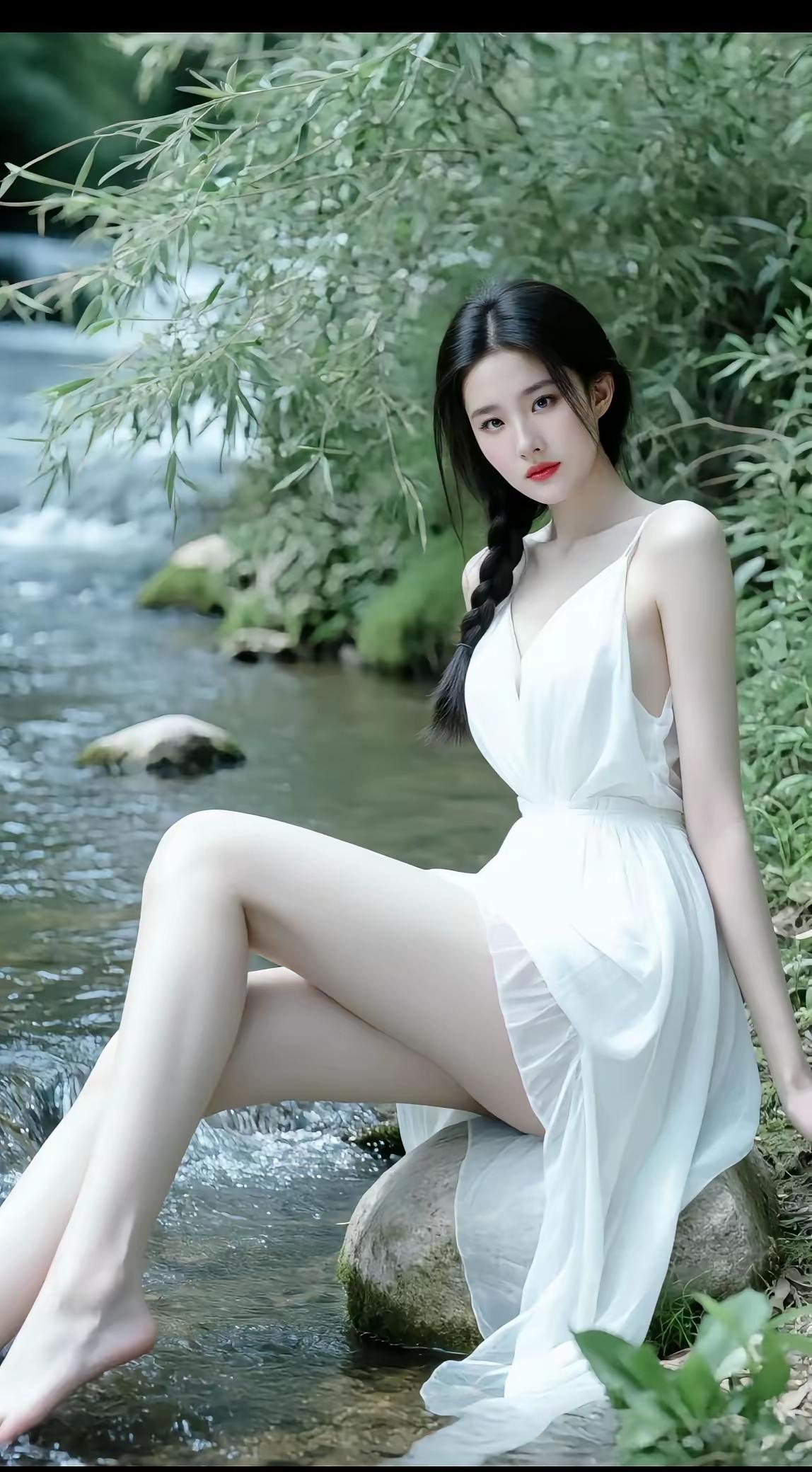 在溪边，白裙飘飘，静享自然之美