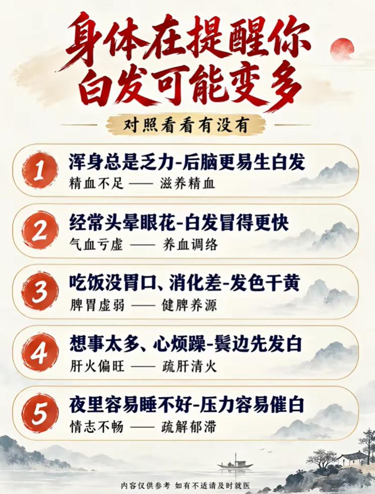 中医认为发的荣枯和精血、气血、脾胃、情绪息息相关。当身体出现下面这些状态时，发根