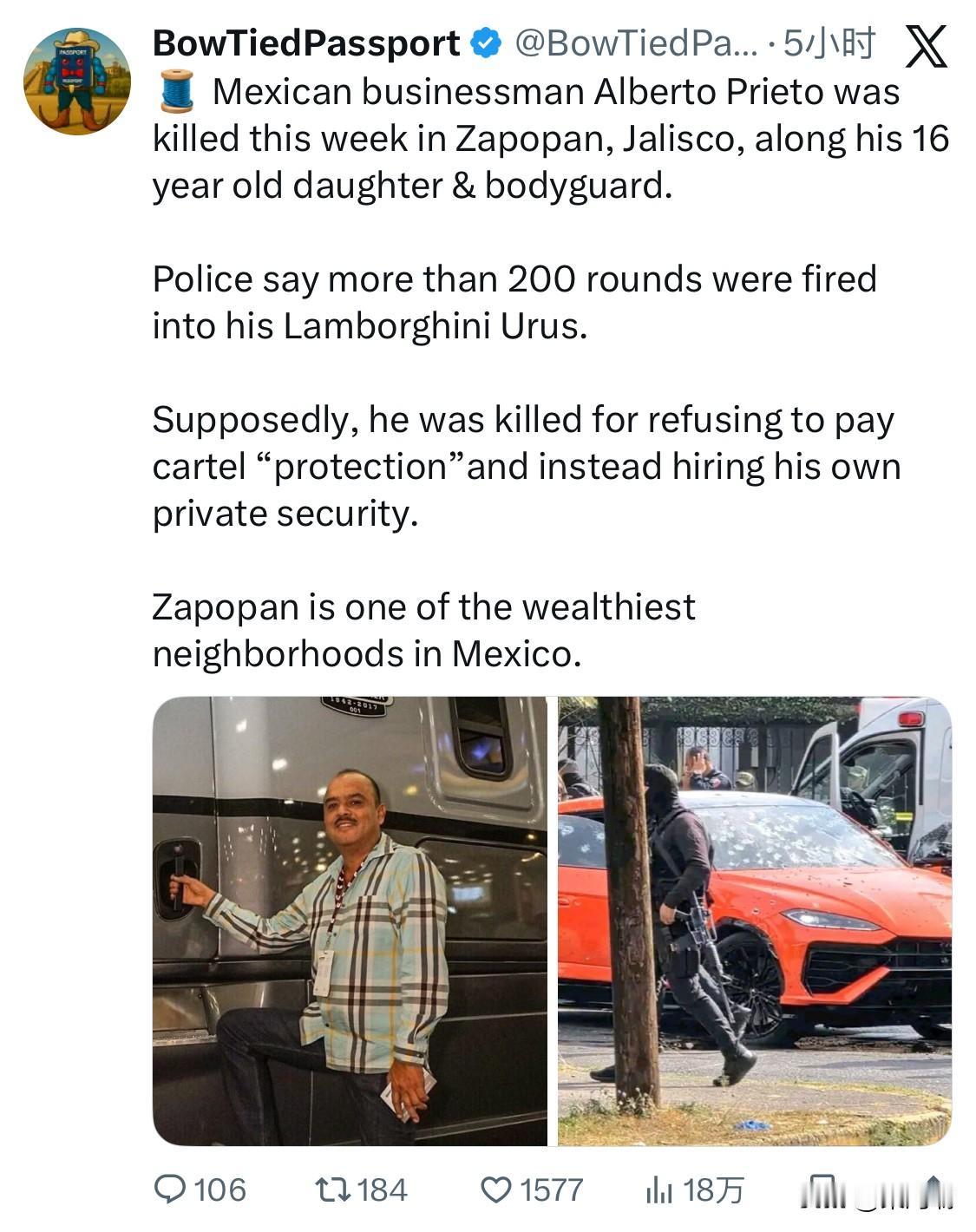 本周，墨西哥商人阿尔贝托·普列托在哈利斯科州萨波潘被杀害，他的16岁女儿和保