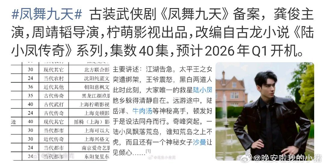 龚俊下一部剧已经定了，古装武侠《凤舞九天》，明年开机[点赞][点赞]​​​