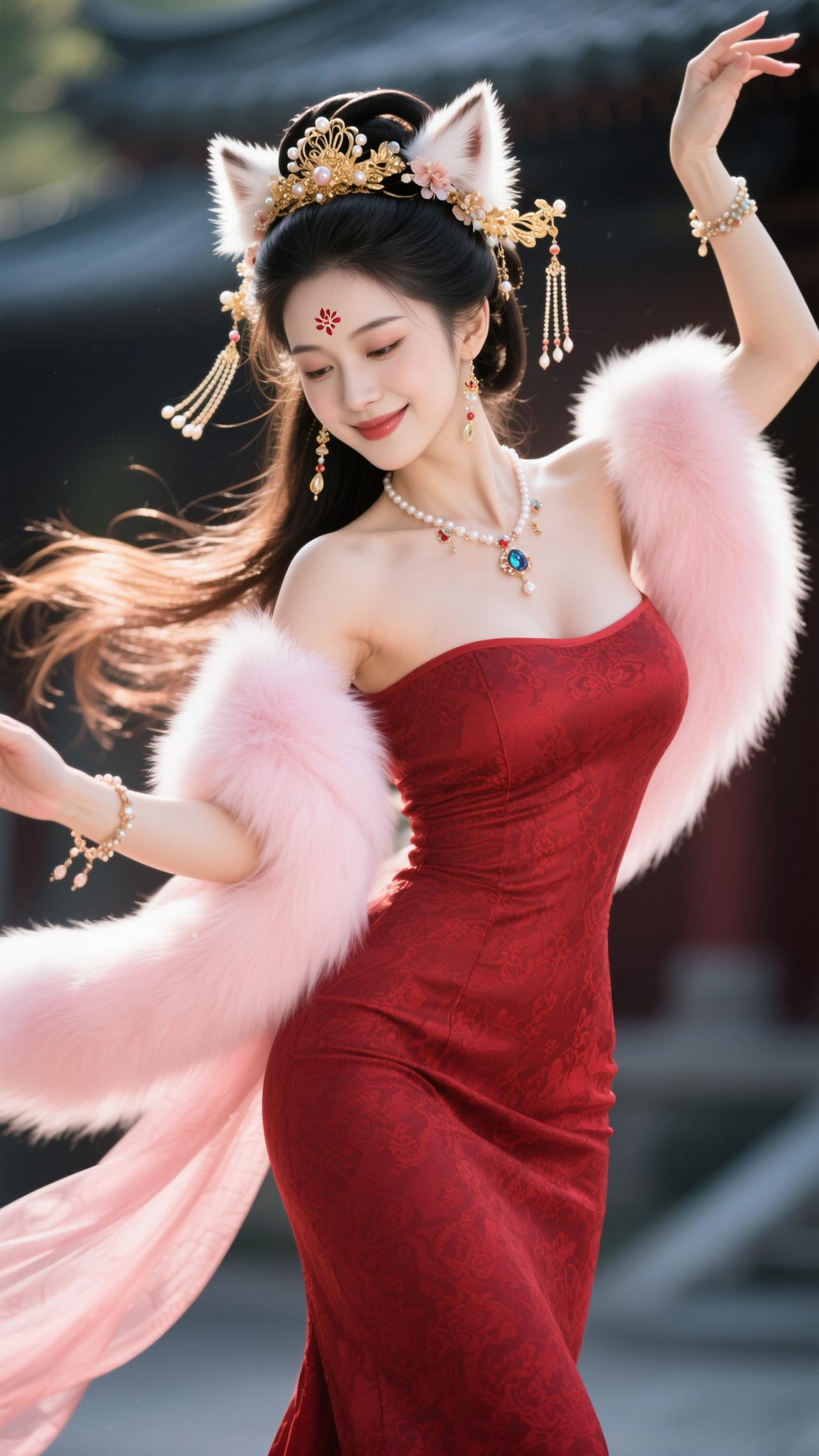 鬓畔金翘缀雪茸，眉间花钿印潮红。绛裙暗织缠枝锦，粉氅轻飏曳晓风。珠落腕，翠垂瞳