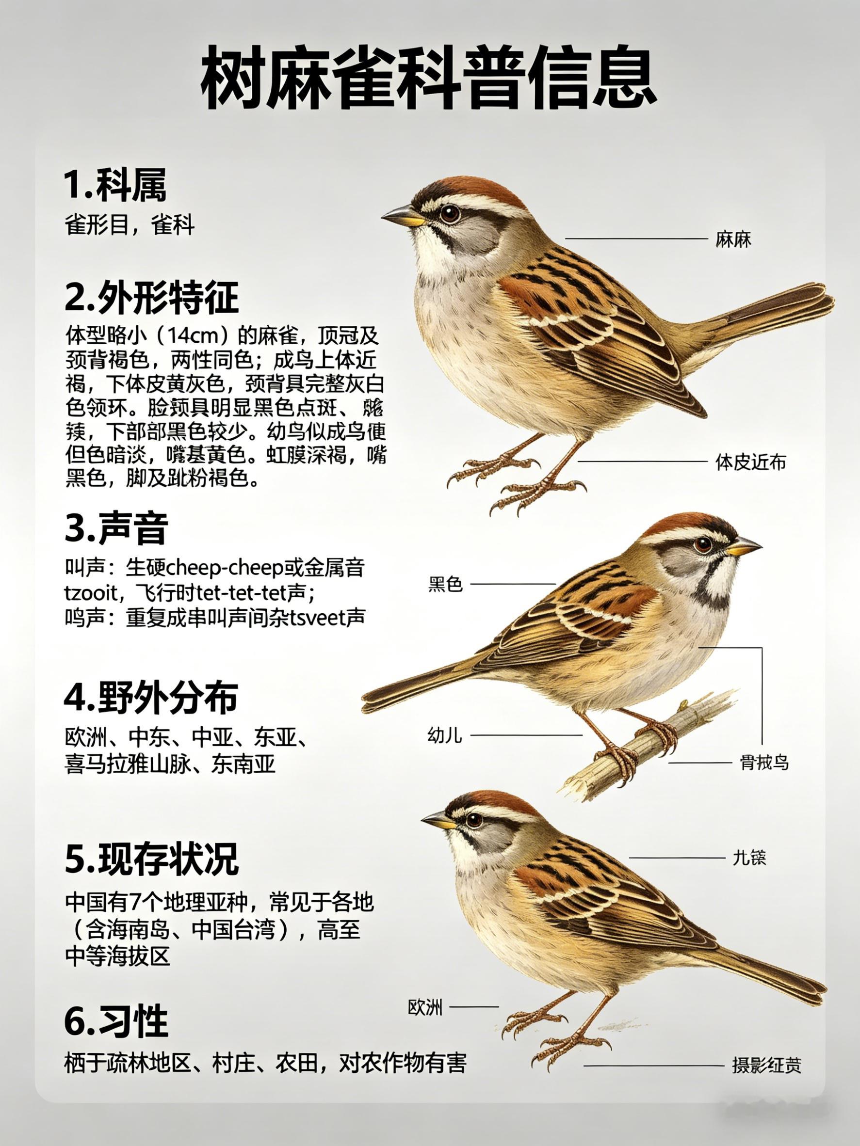 鸟类朋友图鉴树麻雀·科属：雀形目，雀科。·外形特征：体型略小（14cm）的麻雀