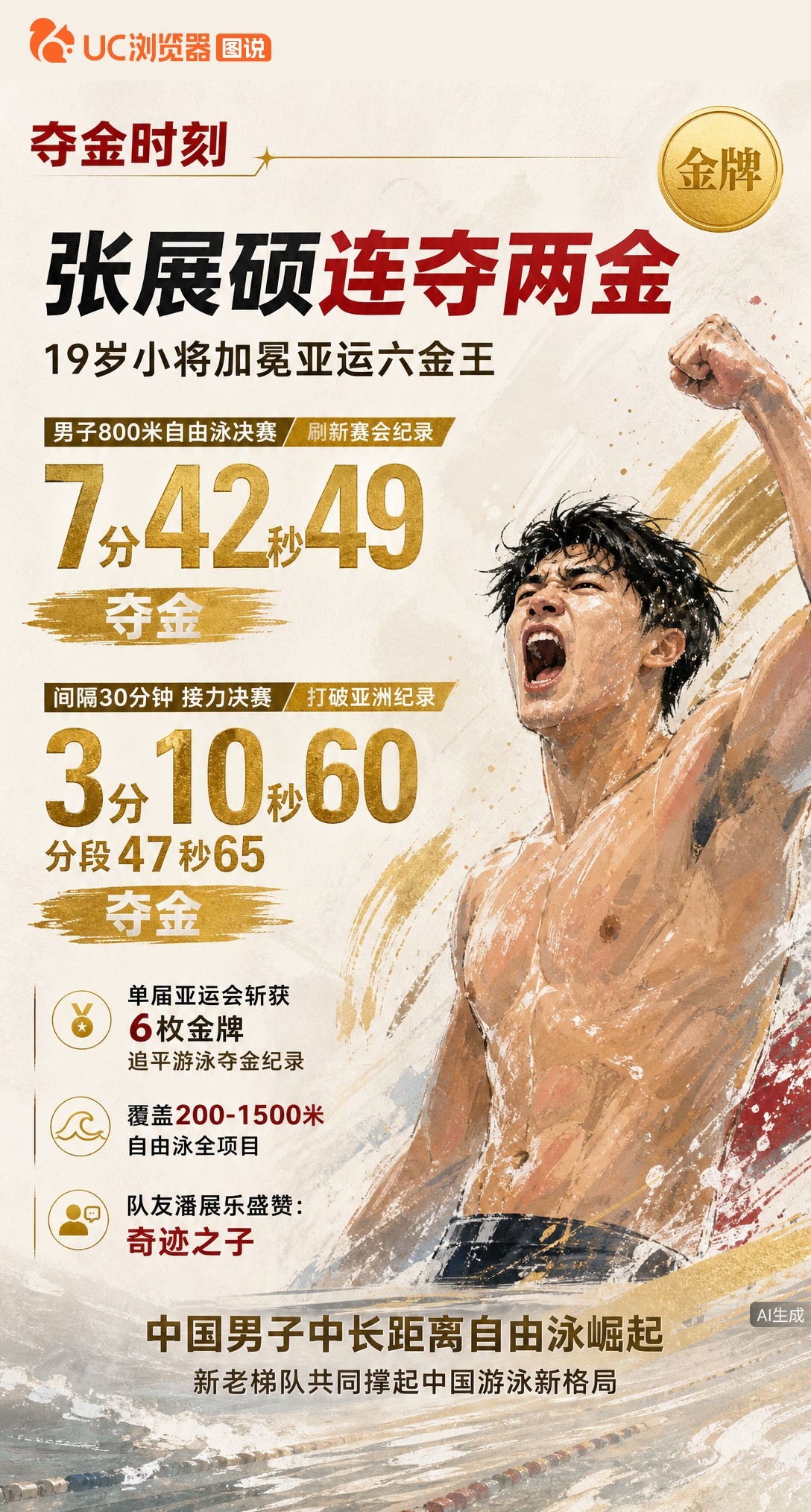 半小时连夺两金！19岁张展硕800自破赛会纪录，接力再刷亚洲纪录夺冠。单届6金追平亚运游泳夺金纪录，