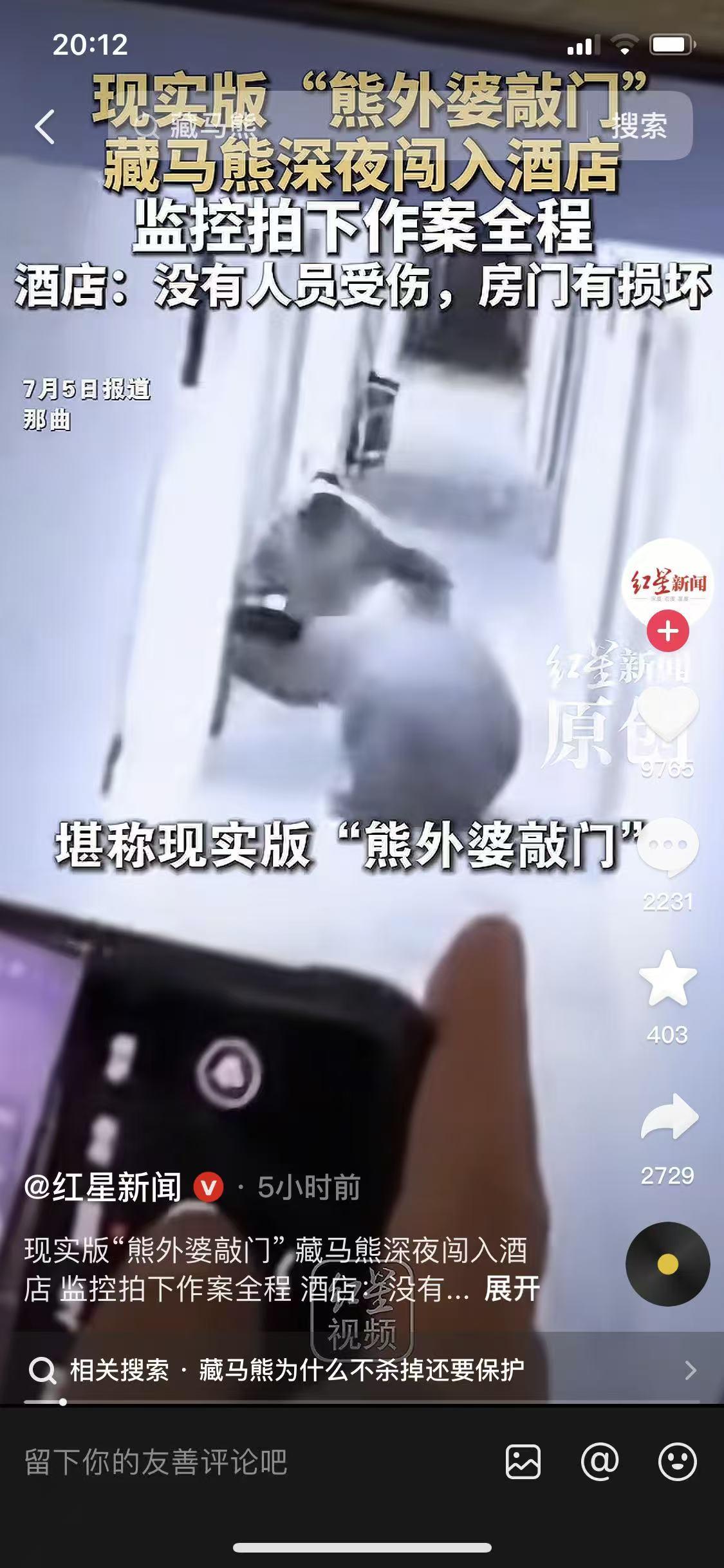 西藏那曲一家酒店，最近遇上了件闻所未闻的事,深夜一头藏马熊直接闯进了酒店走廊，挨