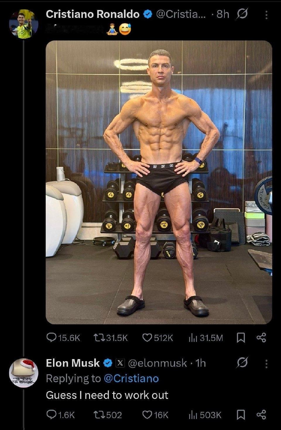 马斯克点赞C罗的魔鬼筋肉，称自己也该锻炼了！有网友翻出马斯克之前在海边的度假照