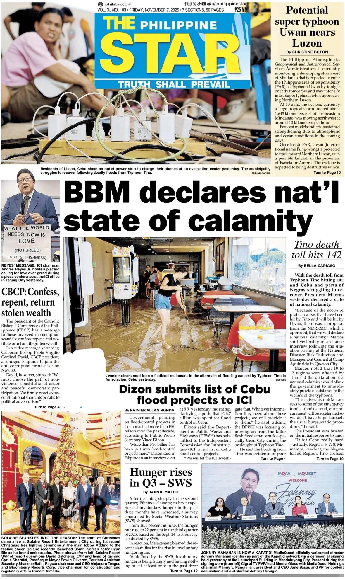 《菲律宾星报》头版报道称，对于袭击菲律宾中部的25号台风，当局6日宣布，死亡人数