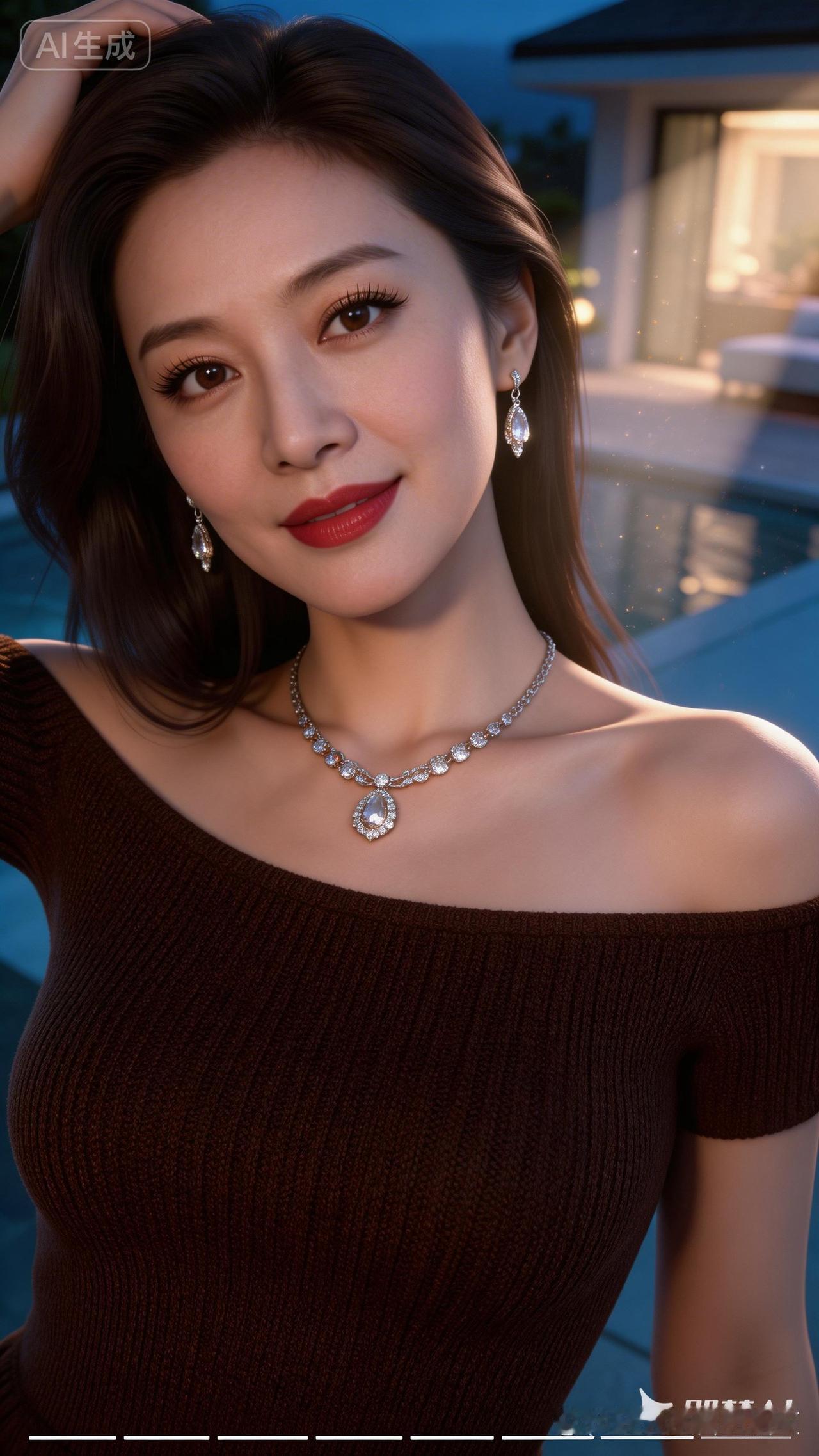 优雅红唇，闪耀耳环，奢华项链，夜晚的迷人魅力。