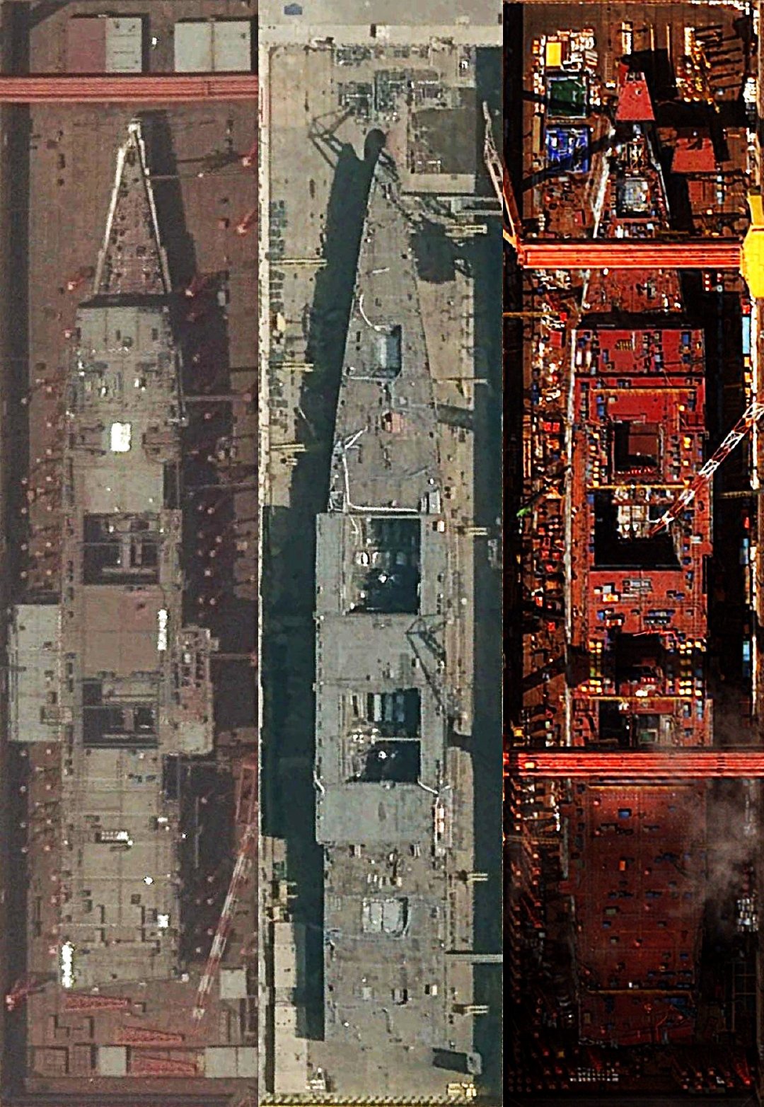 对齐卫照高度后的三航母舰体对比[墨镜]左起：山东、福建、004图源推特#烽火问鼎计划##福建舰#​