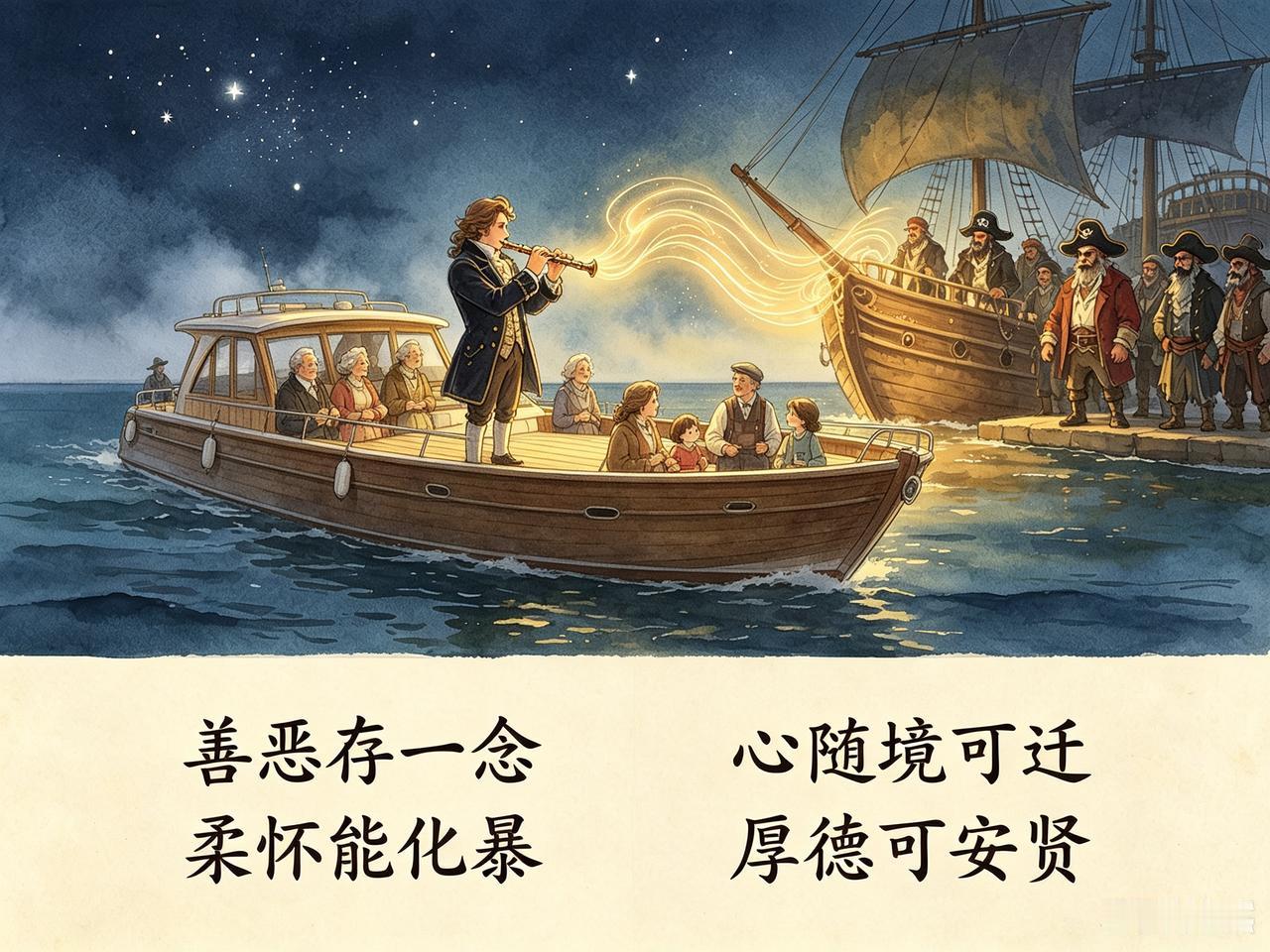 小故事善恶十八世纪时，荷兰海盗船，追逐一游艇，游艇逃离