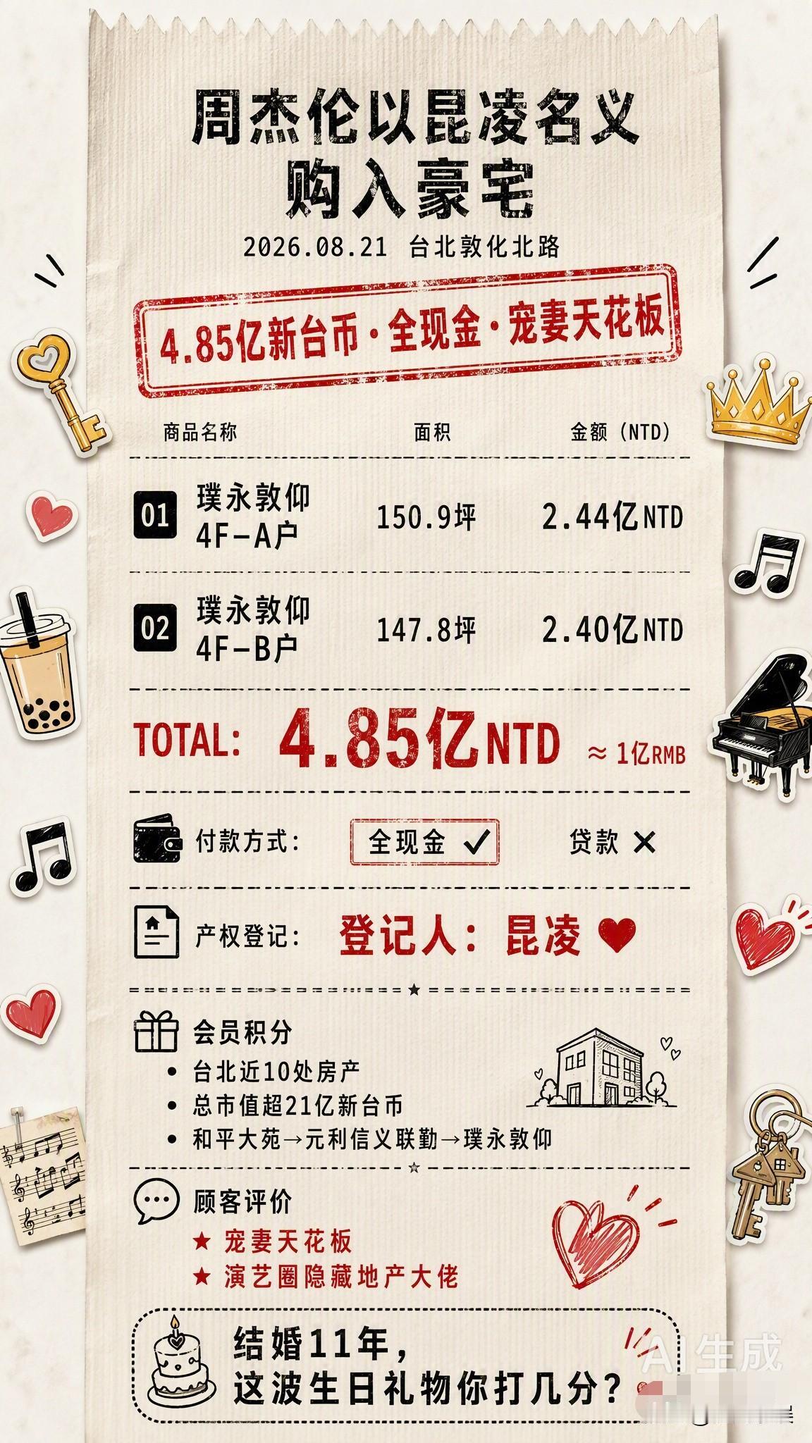 8月21日，台媒最新披露，周杰伦以妻子昆凌名义，全现金购入台北敦化北路豪宅“璞永