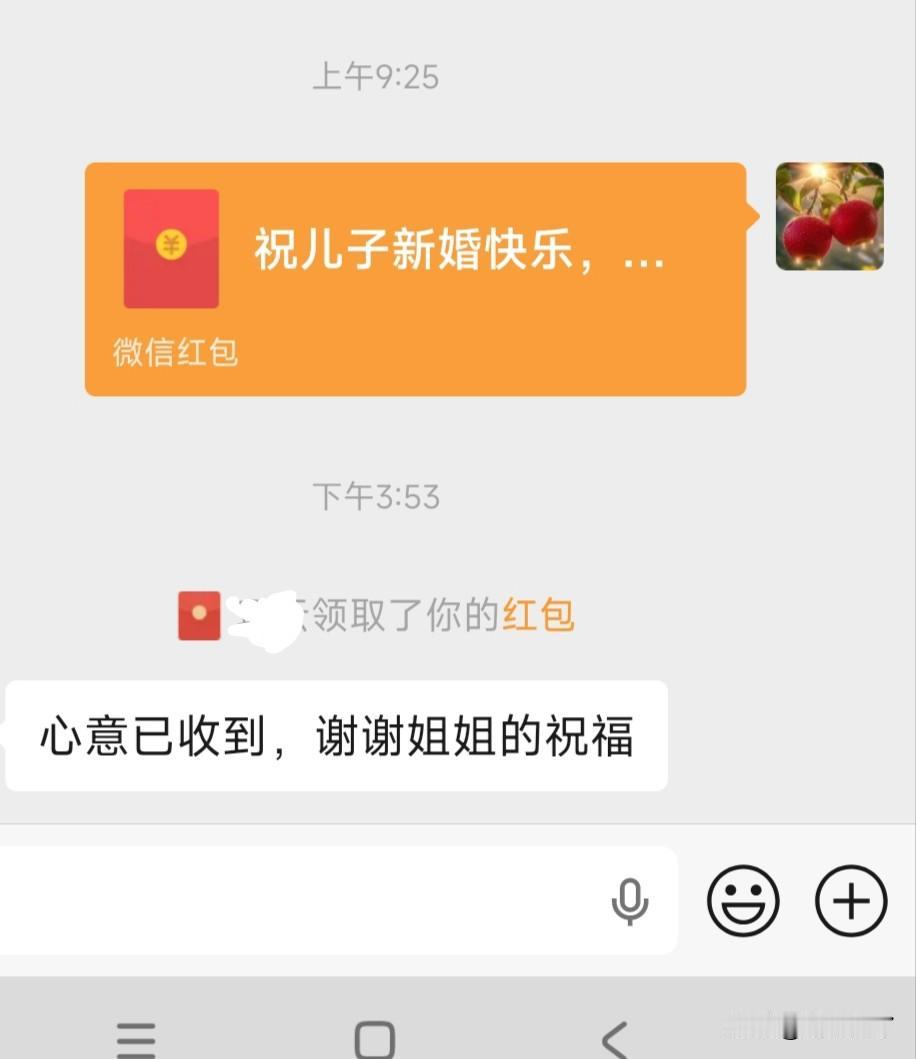 老朋友的儿子，今天办结婚典礼，我人没到场，给朋友转了200块钱的红包。封面我写的