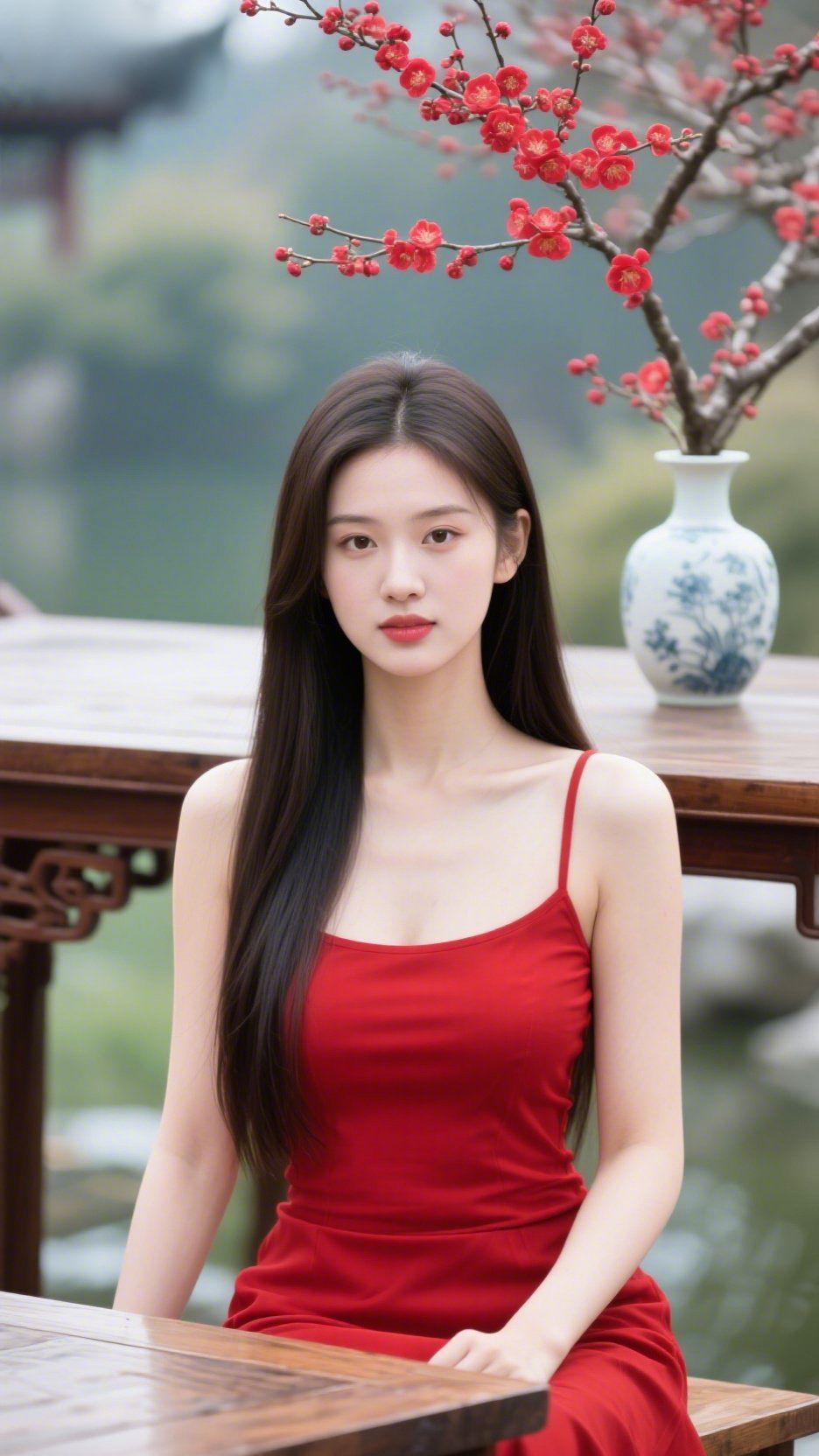 春园红梅晓景晓烟轻笼水云乡，远榭微茫隐画梁。软风暗度亭前绿，淑气初回陌上