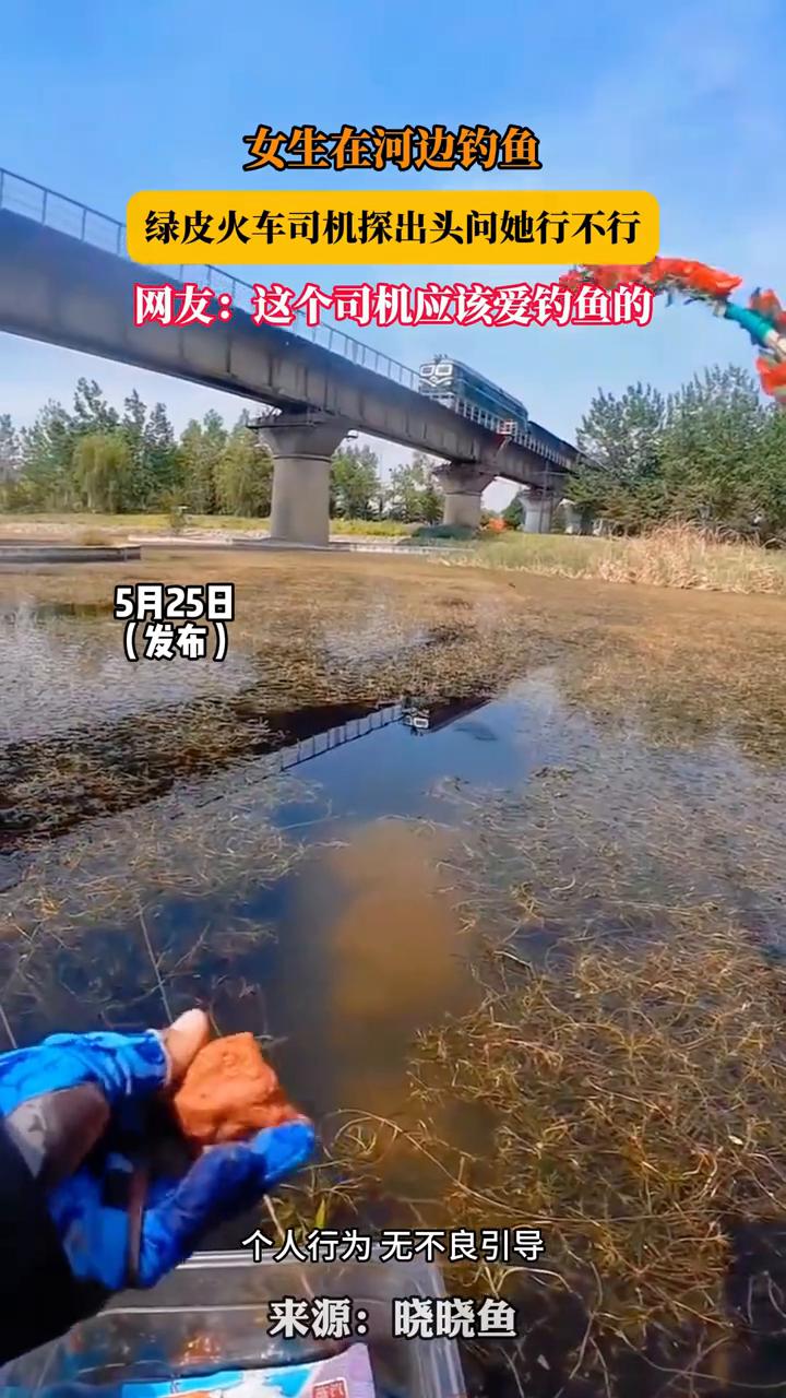 女生在河边钓鱼，绿皮火车司机探出头问她行不行。来源：晓晓鱼。网友：这个司机应