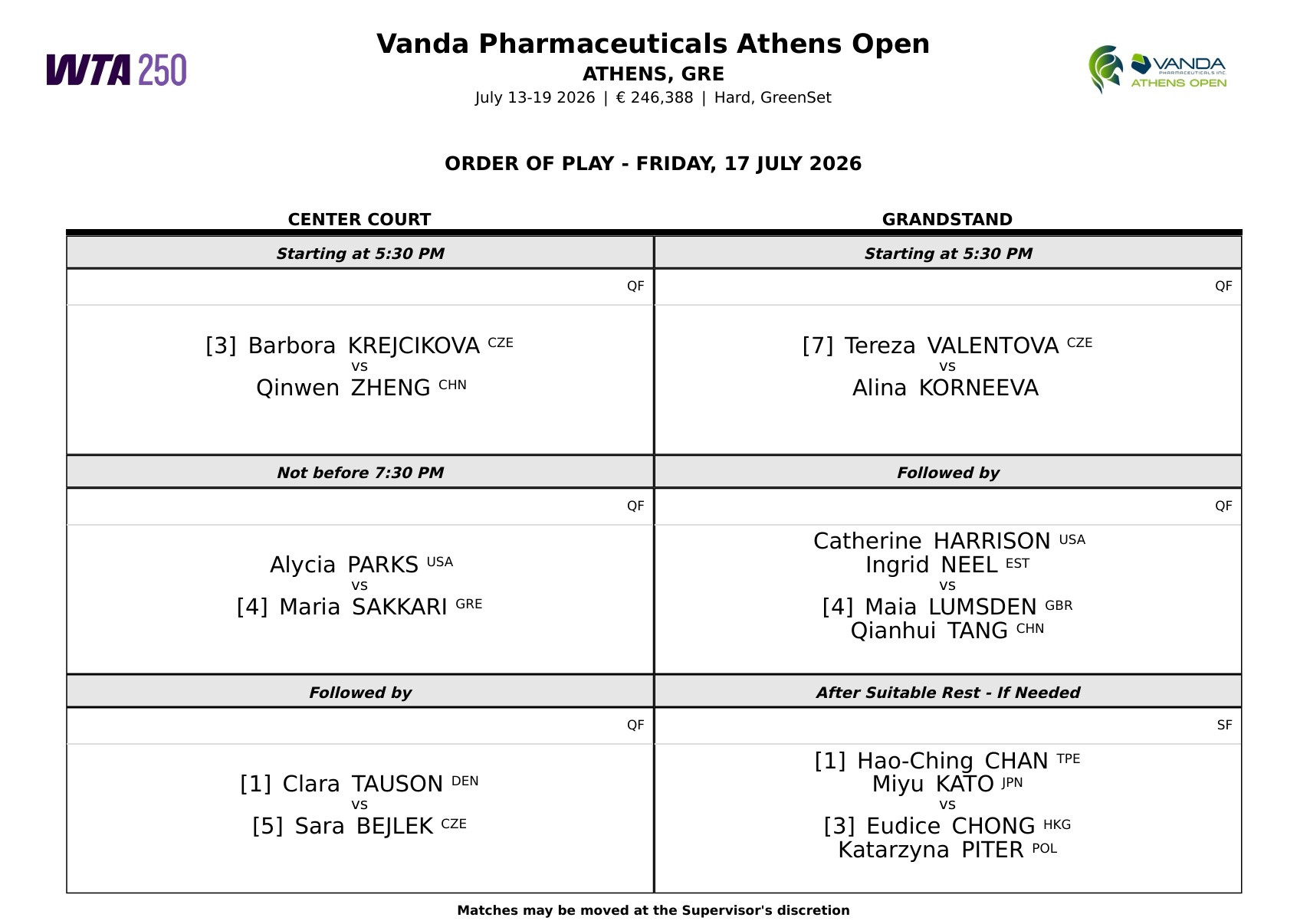 今日赛程📅两站巡回赛1/4决赛开打，以下安排均为北京时间⏰🎾WTA250雅典