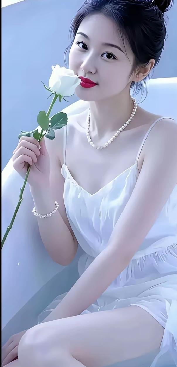 温柔白玫瑰，优雅珍珠装，少女心满满！🌹💍✨这样的装扮下，少女拍照时微微扬起嘴