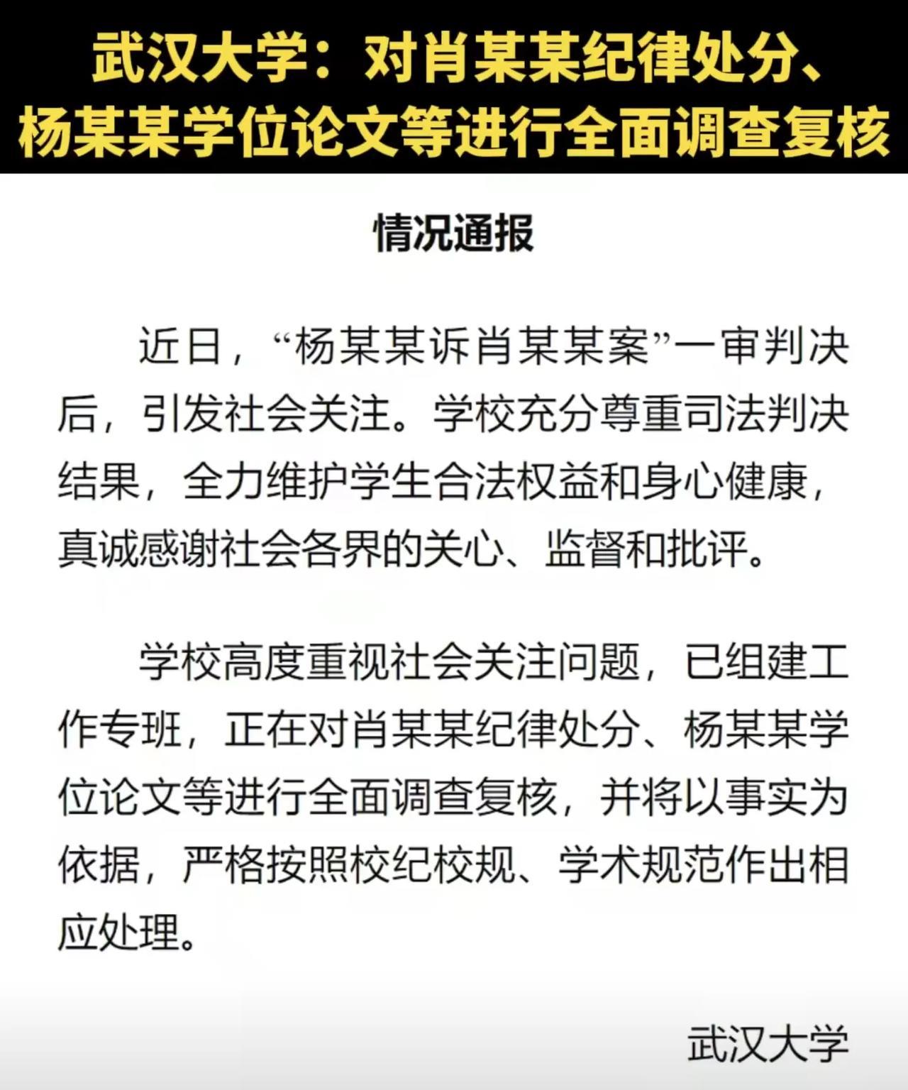 武汉大学终于正面回应滔天质疑：目前工作专班正在对肖某某纪律处分与杨某某学位论文进