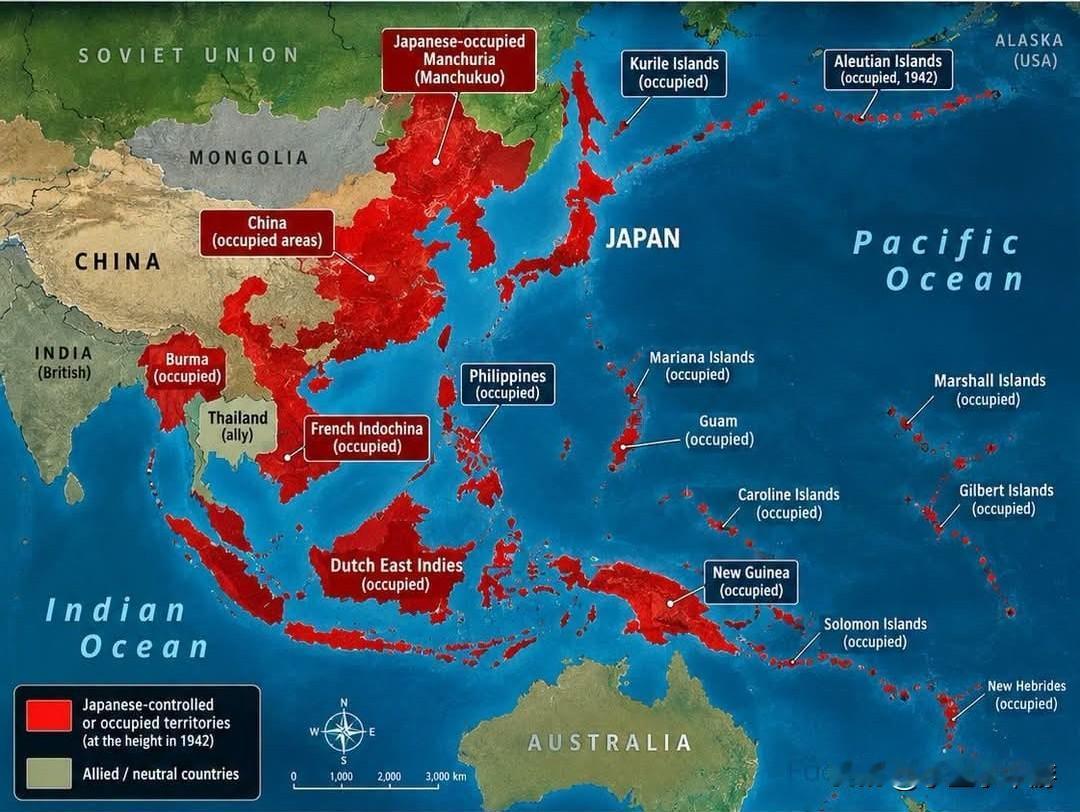 导语：下面这张历史地图展示的是第二次世界大战期间，日本军国主义侵略扩张在1942
