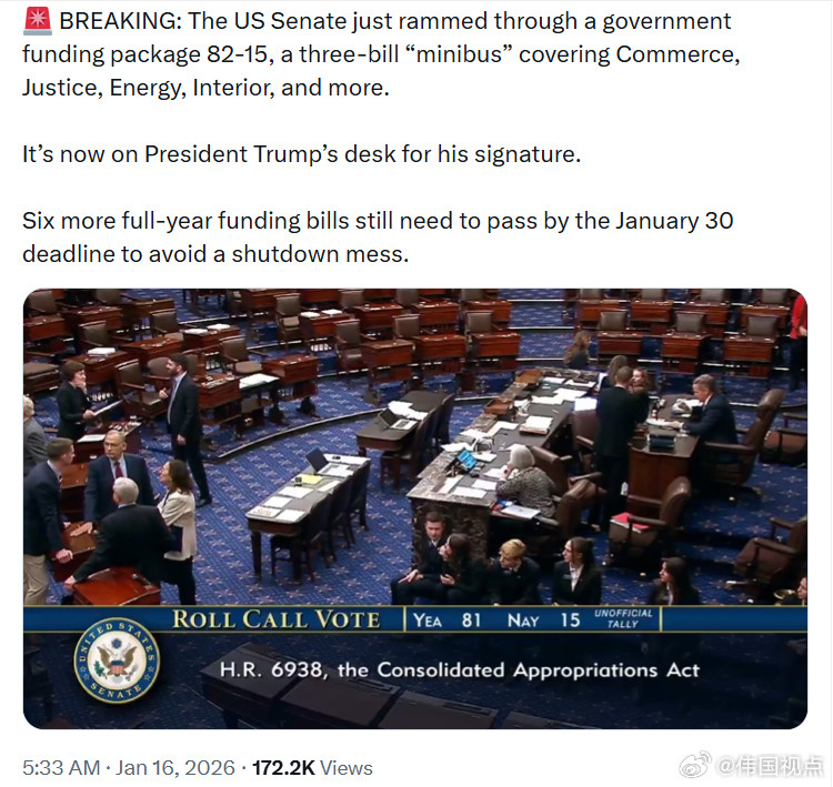 美国参议院刚以82比15强行通过了一项政府拨款方案——一份包含商务部、司法部、