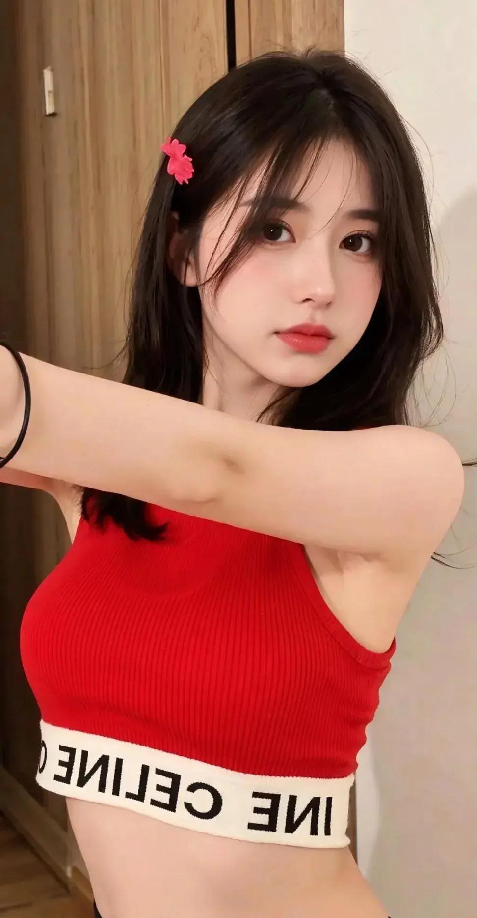 红衣美人倚，花枝拂面来。