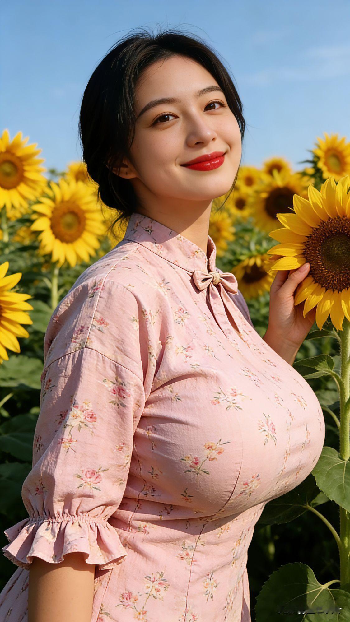 在灿烂的向日葵花田，她身着粉色碎花裙，笑意盈盈。那笑容，似阳光般温暖。“向日