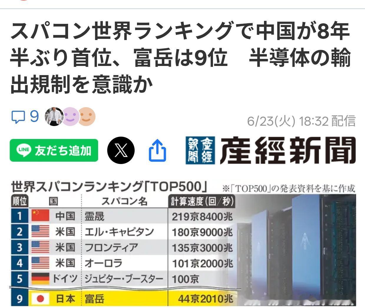 日媒：中国超级计算机时隔8年再次登顶日本《产经新闻》6月23日报道：世界超级计