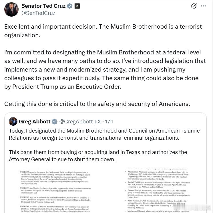 参议员特德·克鲁兹：穆斯林兄弟会是一个恐布组织。我致力于在联邦层面也将穆斯林兄弟