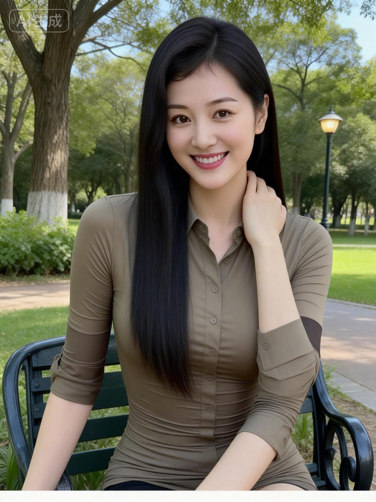 阳光明媚的公园里，微笑的姑娘坐在长椅上，享受着美好的时光。