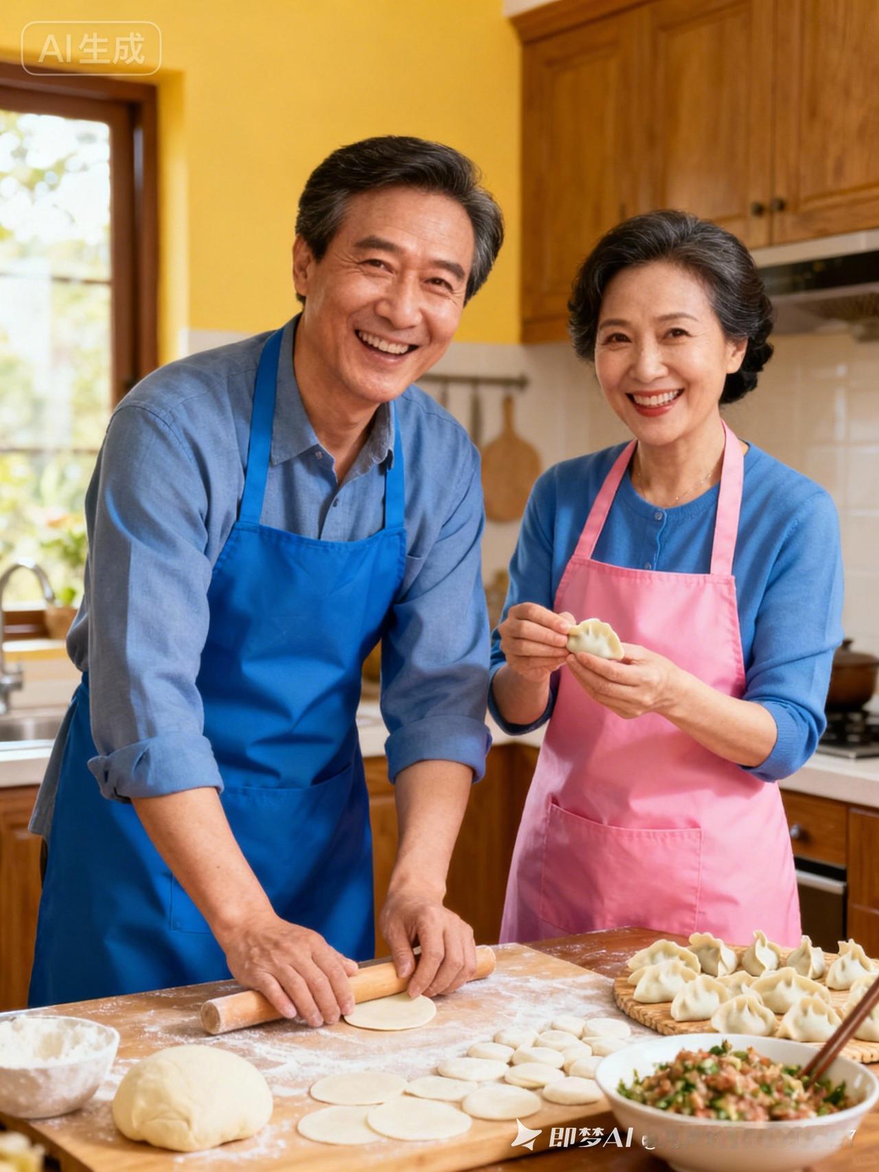 老两口开心包饺子，笑容满面。