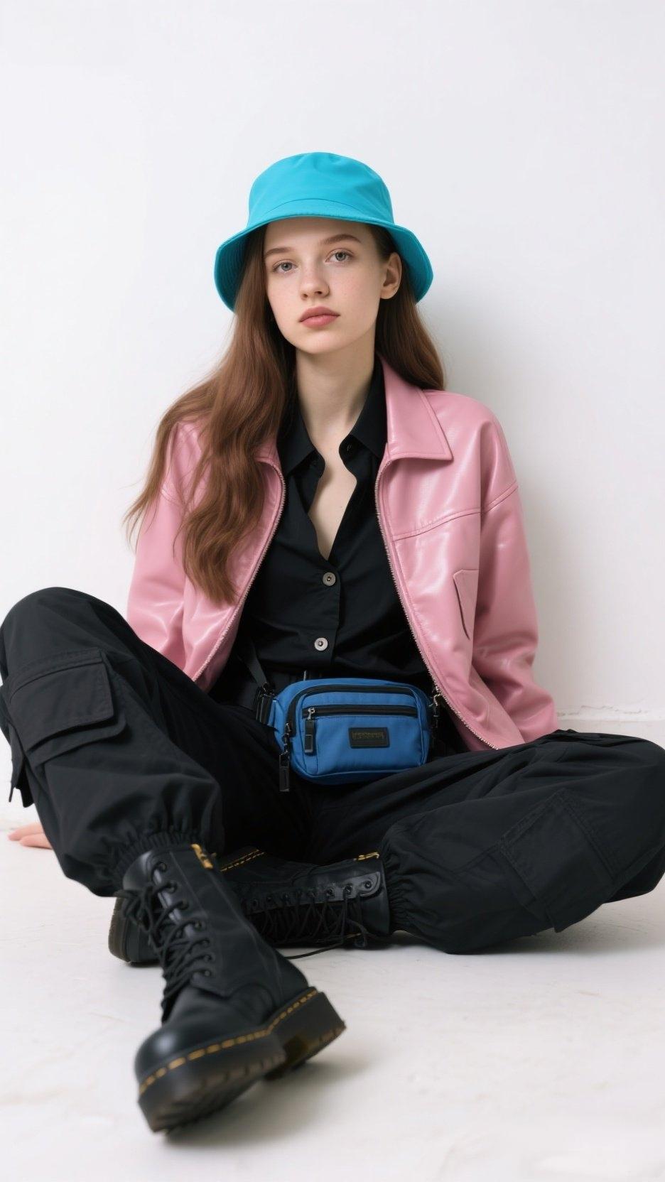 潮流穿搭确实魅力十足！粉色皮夹克配黑色工装裤，再搭蓝色渔夫帽和腰包，这组合太妙了