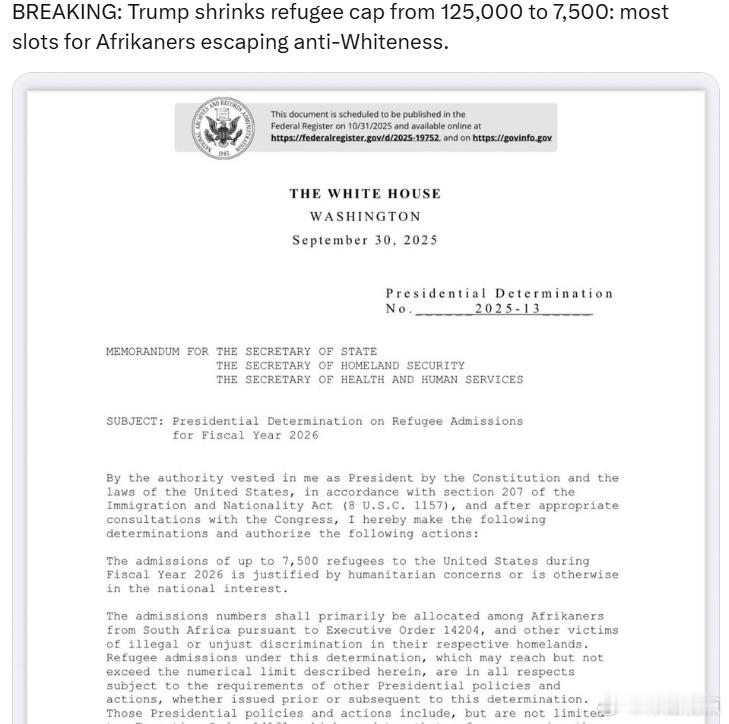 特朗普政府将难民上限从12.5万人削减至7,500人:大部分名额给那些逃离反白人