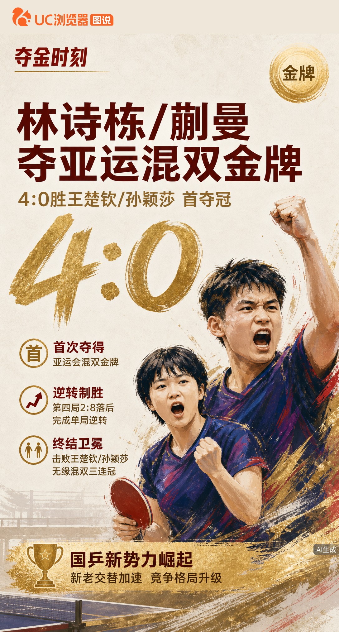 4-0横扫卫冕冠军！林诗栋/蒯曼首夺亚运混双金牌，第四局2-8落后竟完成逆转。王楚钦赛后透露身体疼痛