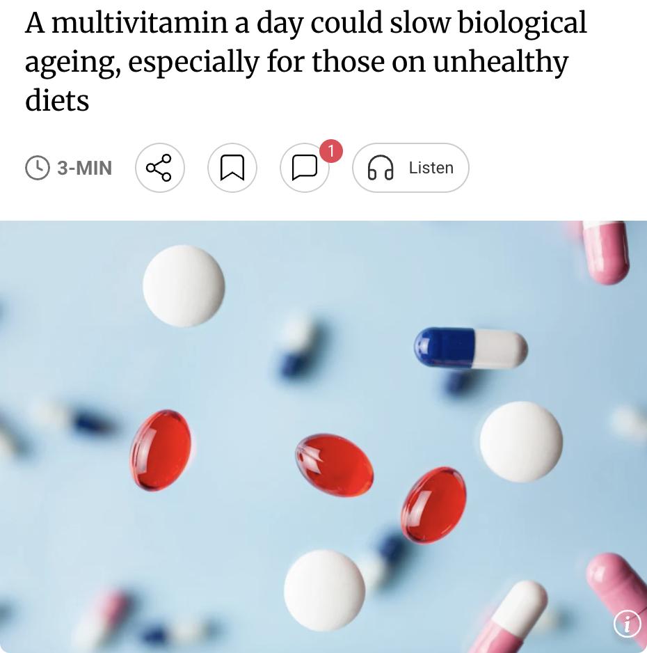 外媒：一项发表于《自然·医学》的研究显示，每日服用复合维生素或可延缓生物衰老，尤