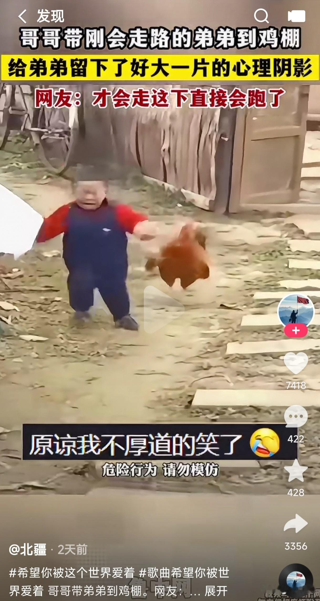 哥哥带刚会走路的弟弟到鸡棚没想到给他留下了深刻的心理阴影一只公鸡飞扑而来吓