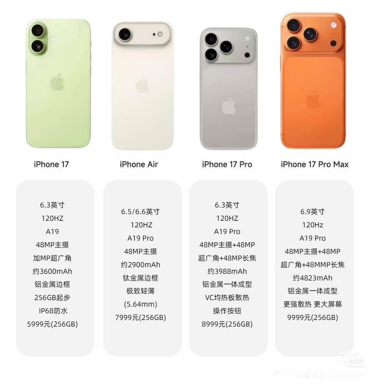 iPhone17系列四款机型从入门轻薄到影像大屏顶配。