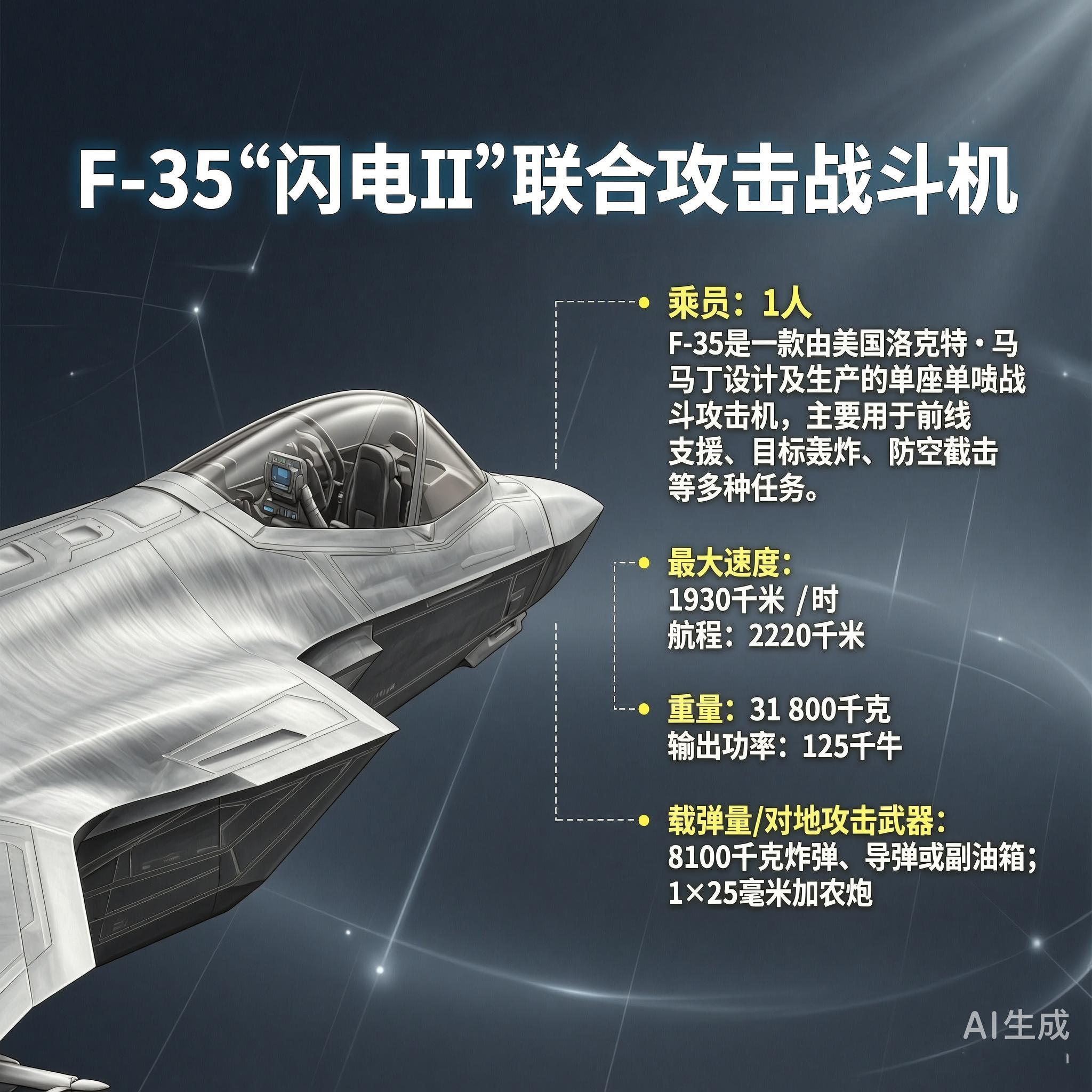 军事ai新视野F-35隐形战斗轰炸机［美］最大速度：1930千米／时重量：31
