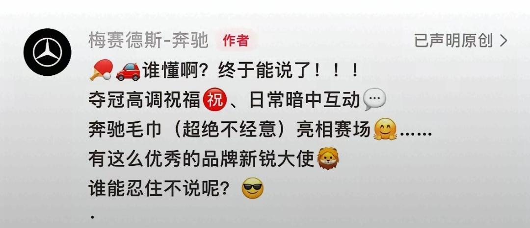 终于能说了。原来头哥那次在赛场上反复展示那条奔驰毛巾，把大大的商标露出来给