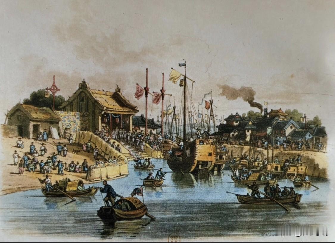这幅画描绘的是1793年英国马戛尔尼使团在抵达天津（具体为大沽口附近）后，换乘中