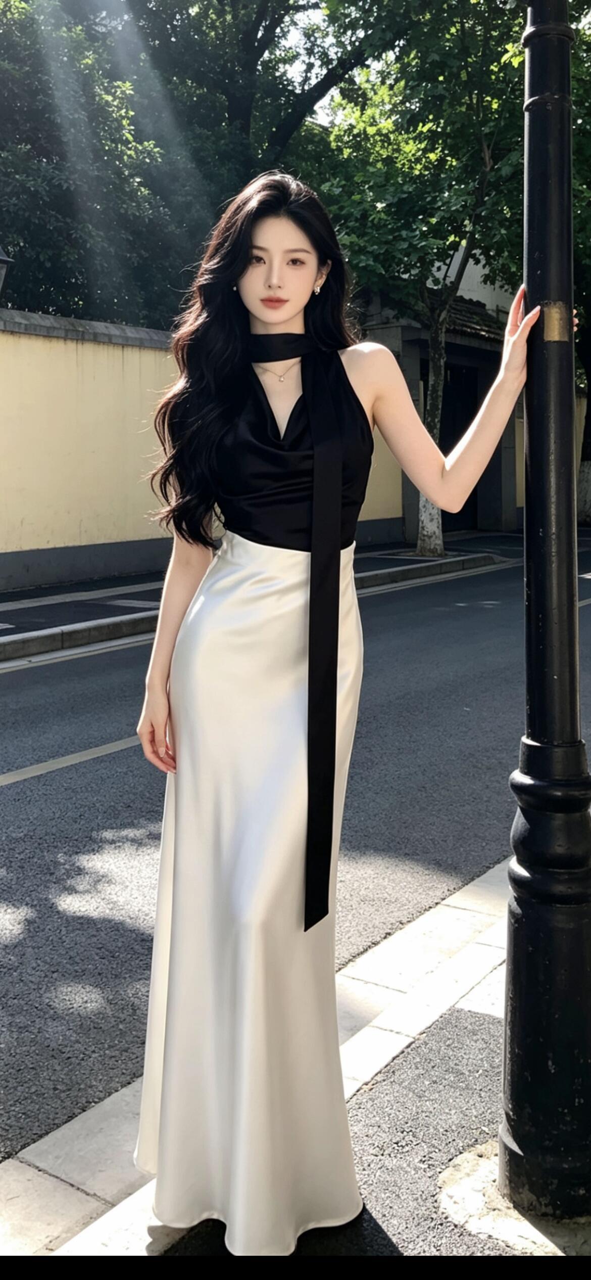 优雅时尚黑白连衣裙穿搭都市风范