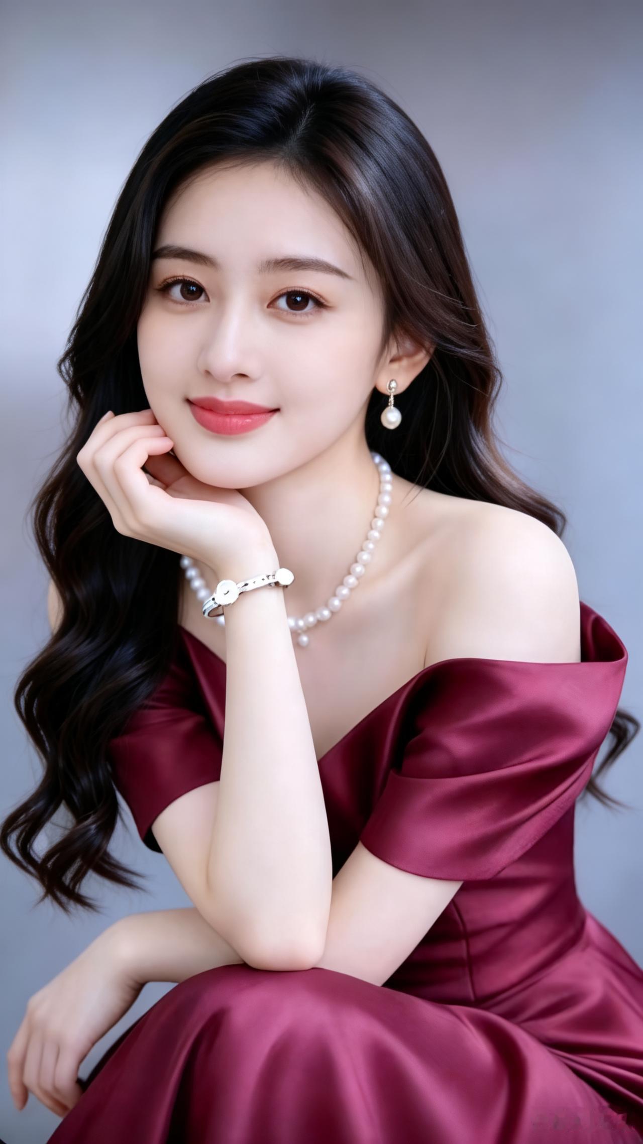 优雅红裙，珍珠闪耀，温柔微笑，女神范儿十足！💖✨