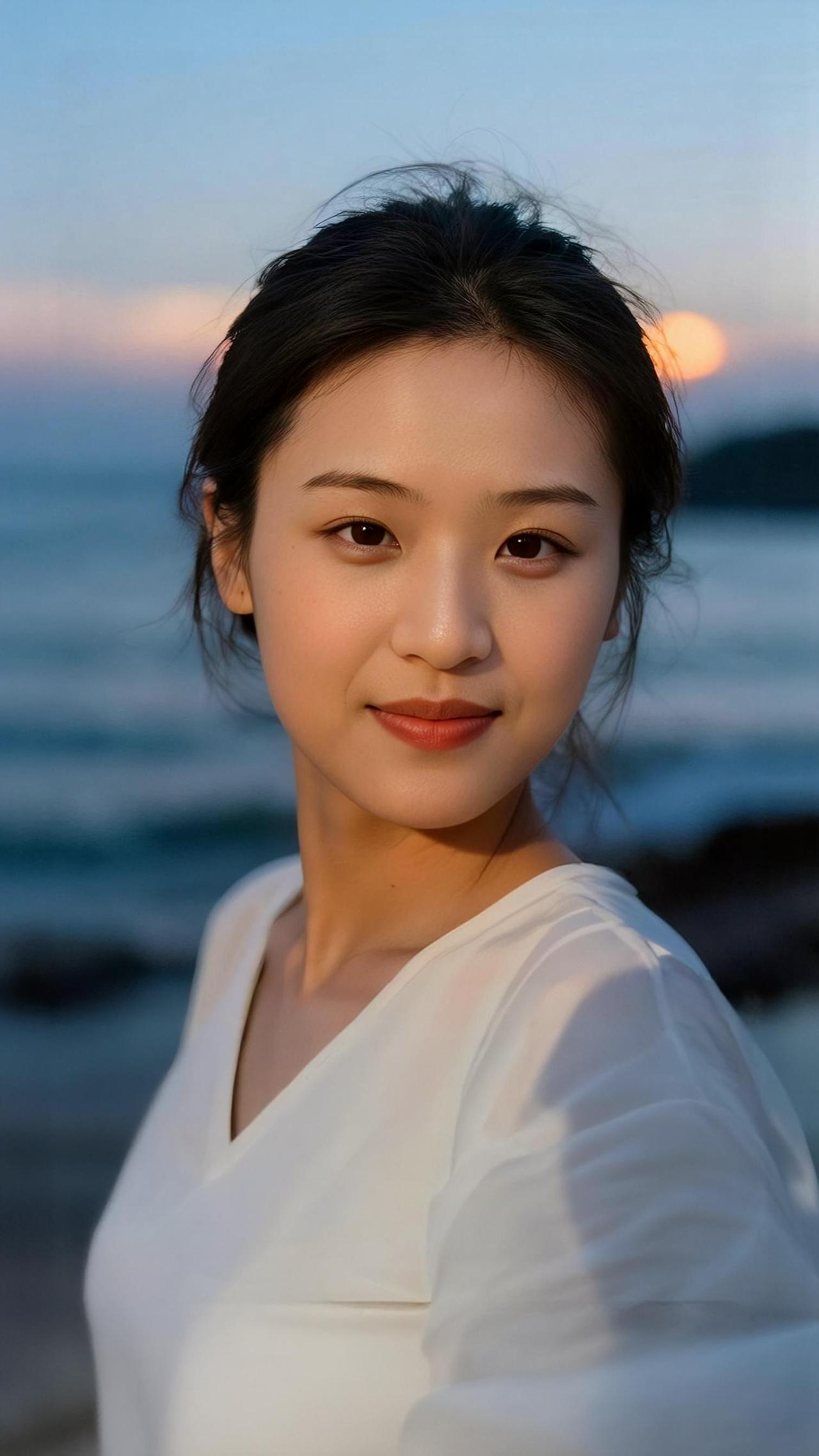 晚潮衔日浸云轻，风掠柔波满袖清。笑靥如荷凝露净，眸光似月浣沙明。衣裁素色