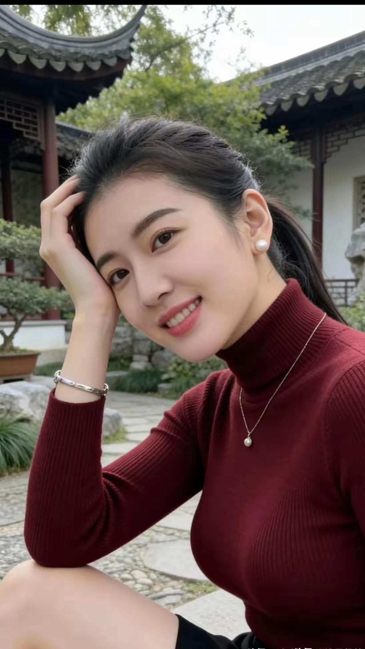 酒红色高领毛衣，搭配珍珠耳环，优雅又温暖。玫红色毛衣穿搭红色气质毛衣