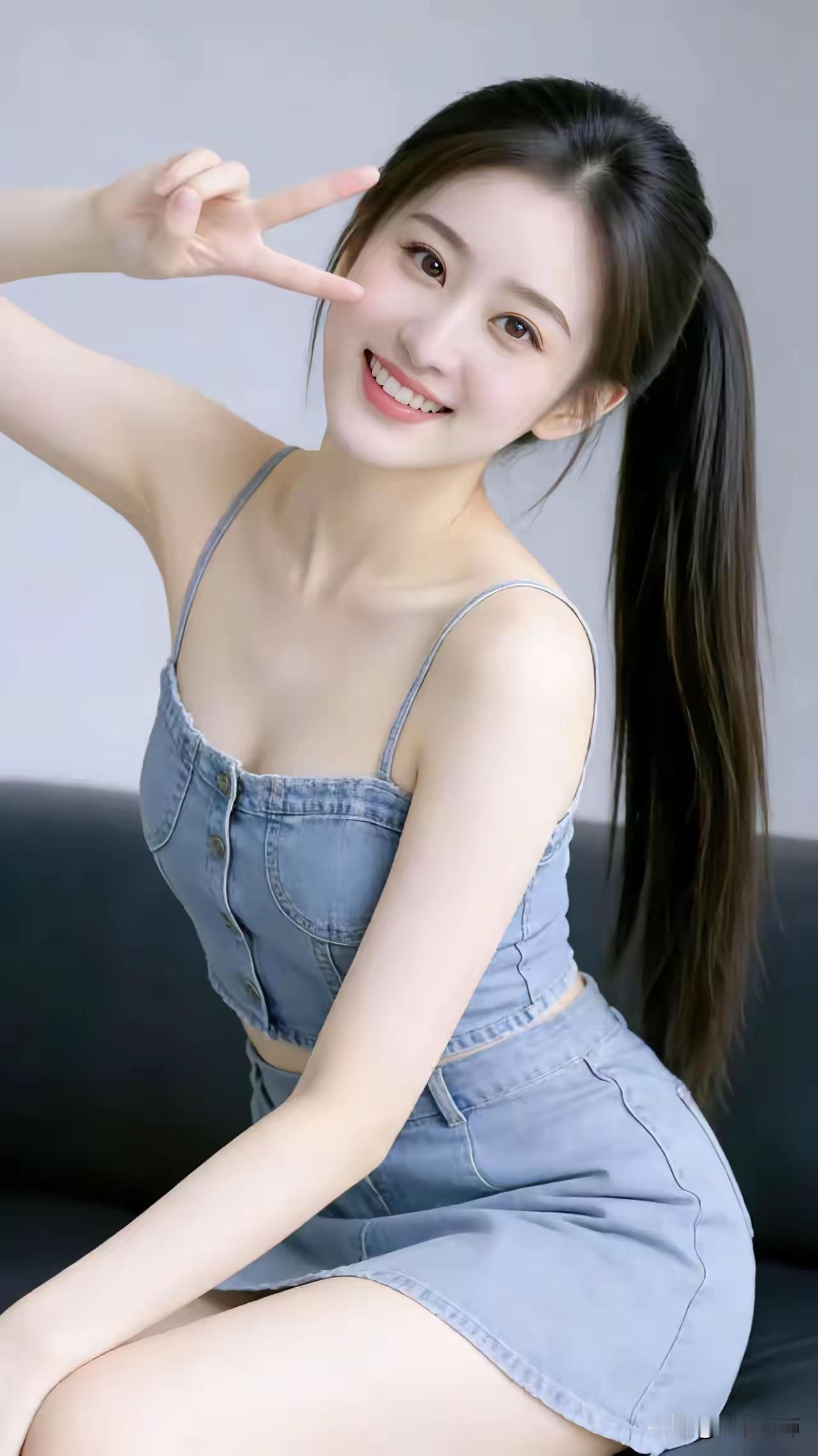 看到牛仔裙女孩俏皮比耶的瞬间，快乐因子瞬间在空气中炸开！牛仔裙本就带着一种随性与