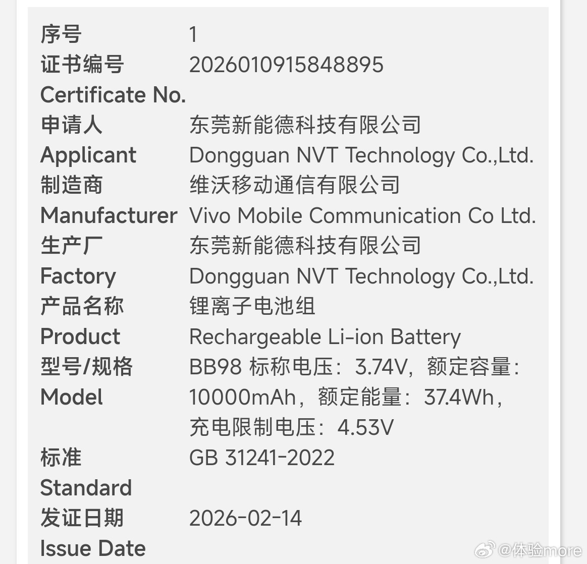 盘点一下vivo入网的一些电池：1、额定10000mAh，典型10200mAh±