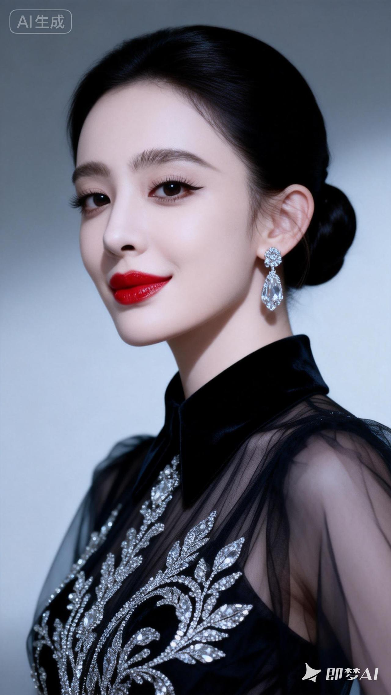 优雅黑裙，闪耀耳环，红唇诱惑，尽显魅力！
